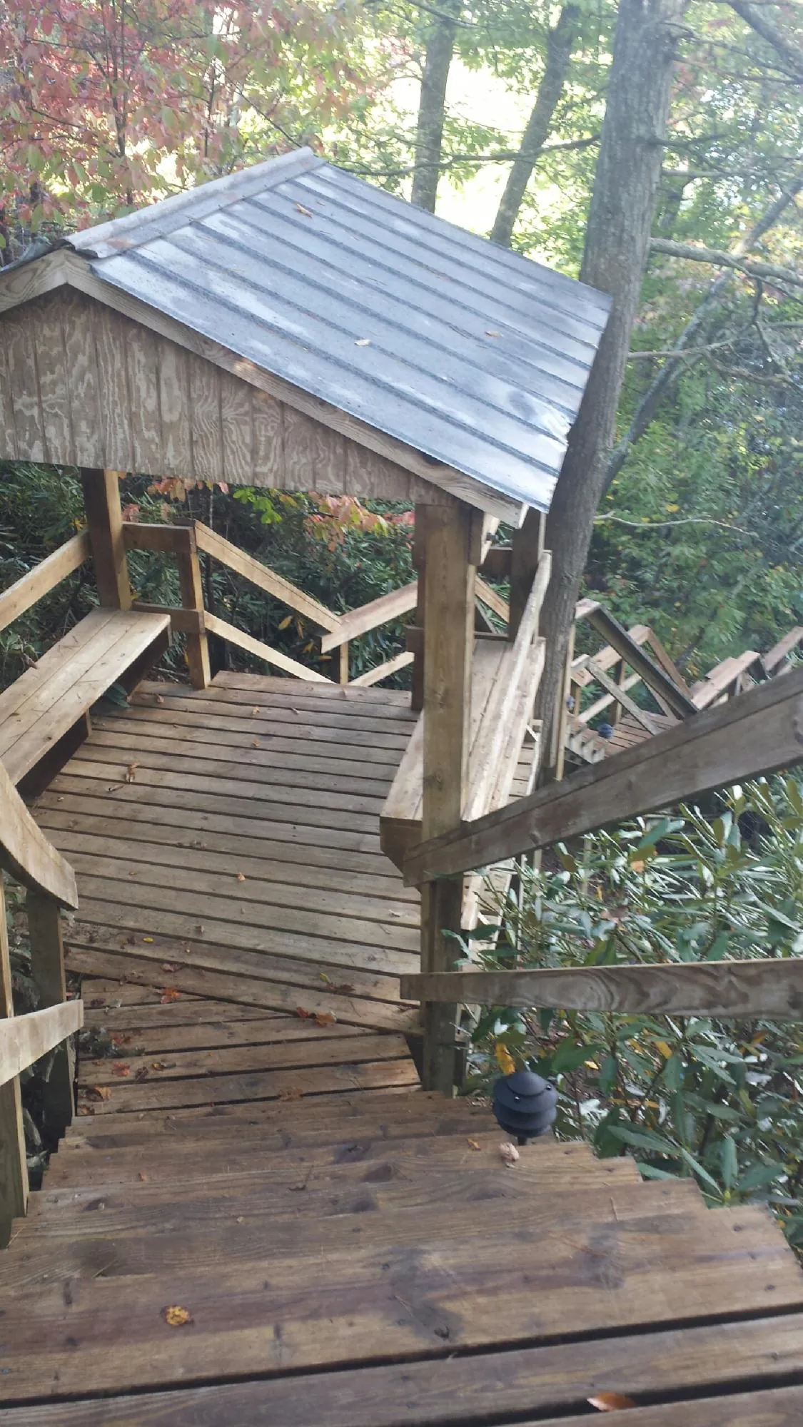 Metal roofed shelter over wooden steps on a wooded walkway — Skylight Repair & Installation work by our crew in White Swan